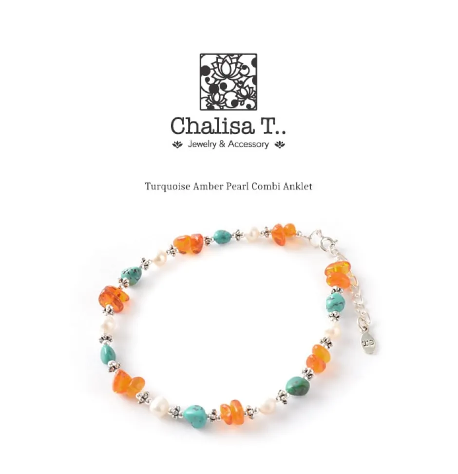 Anklets^CHALISA T.. / Turquoise Amber Pearl Combi Anklet silver