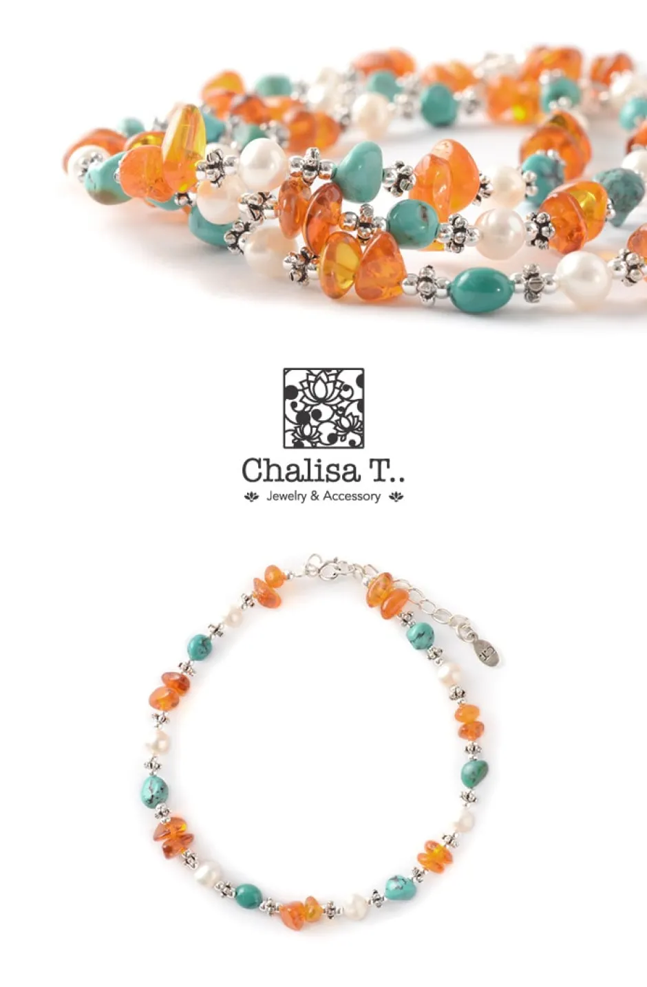 Anklets^CHALISA T.. / Turquoise Amber Pearl Combi Anklet silver