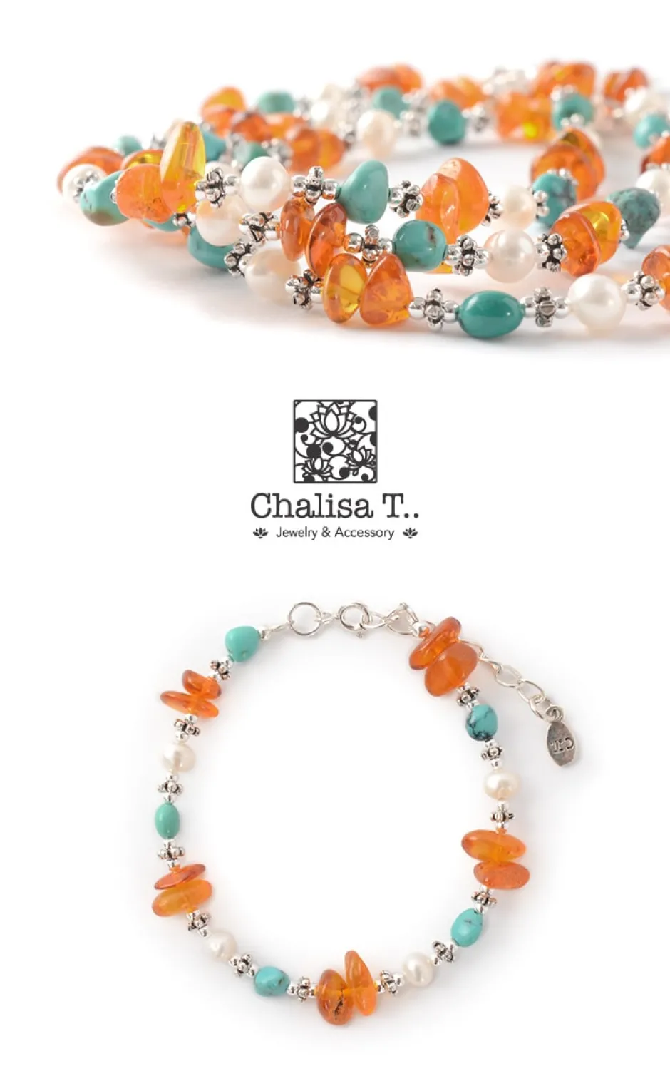 Anklets^CHALISA T.. / Turquoise Amber Pearl Combi Bracelet silver