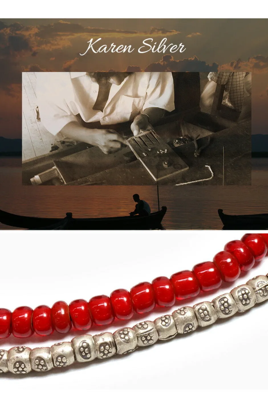 Anklets^PHADUA / Two strands waxed cord anklet (white heart/silver) red