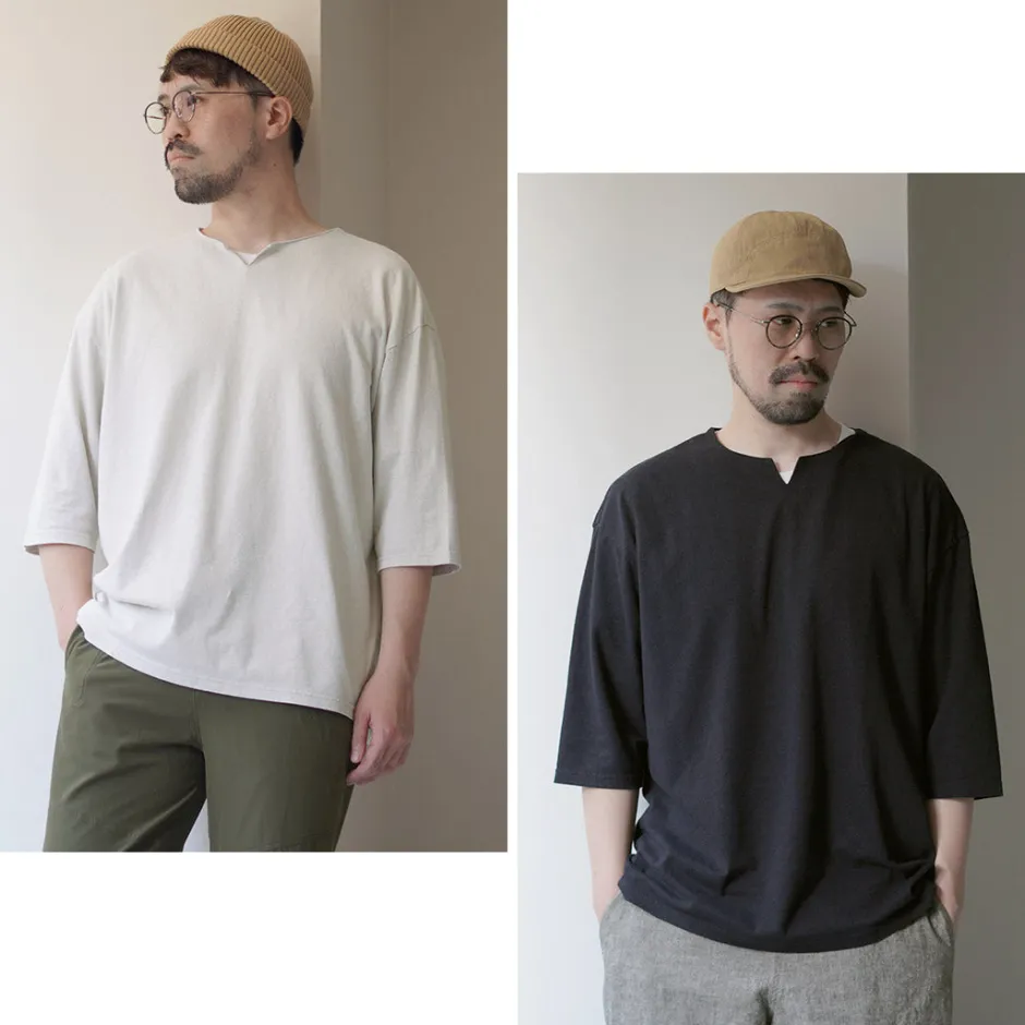 T-Shirts^ROCOCO / Linen Cotton Key Neck T-Shirt