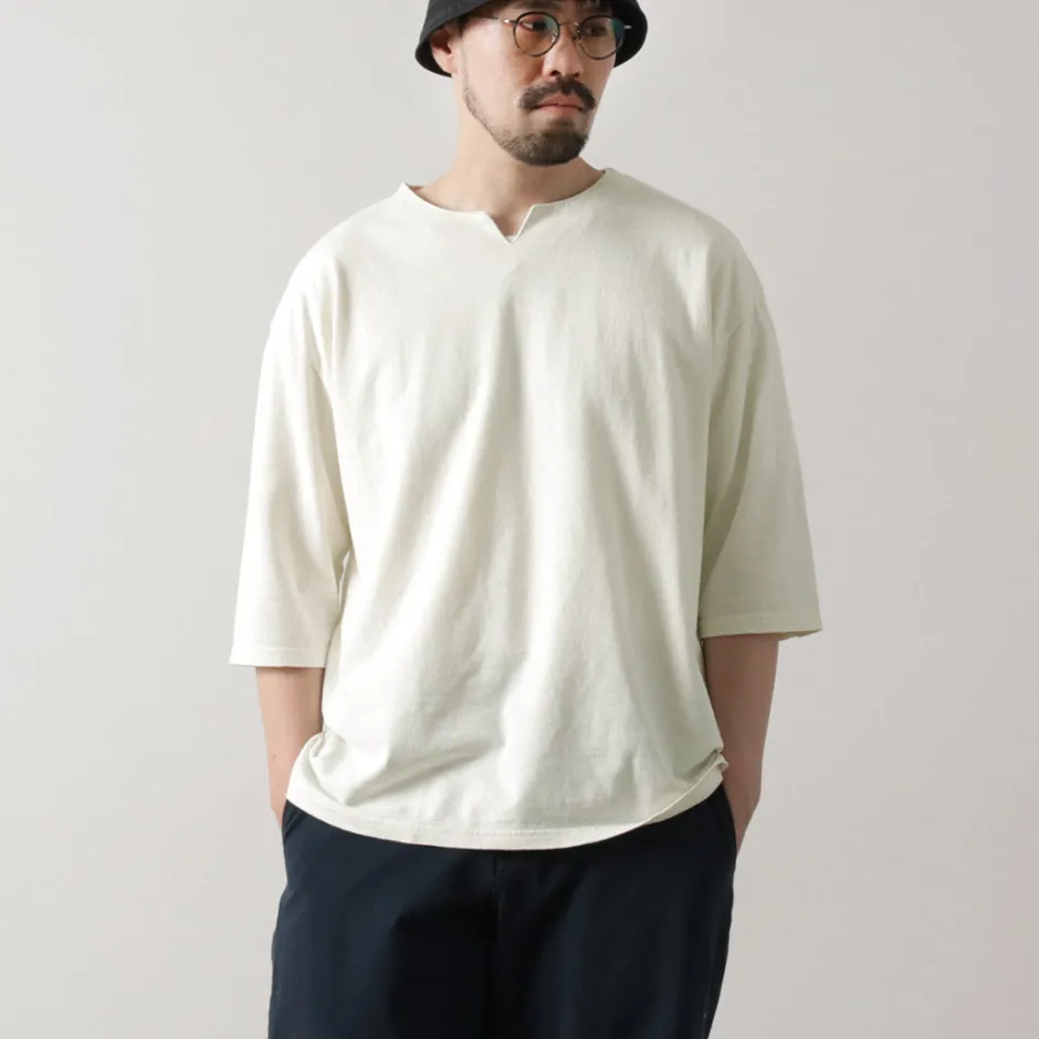 T-Shirts^ROCOCO / Linen Cotton Key Neck T-Shirt