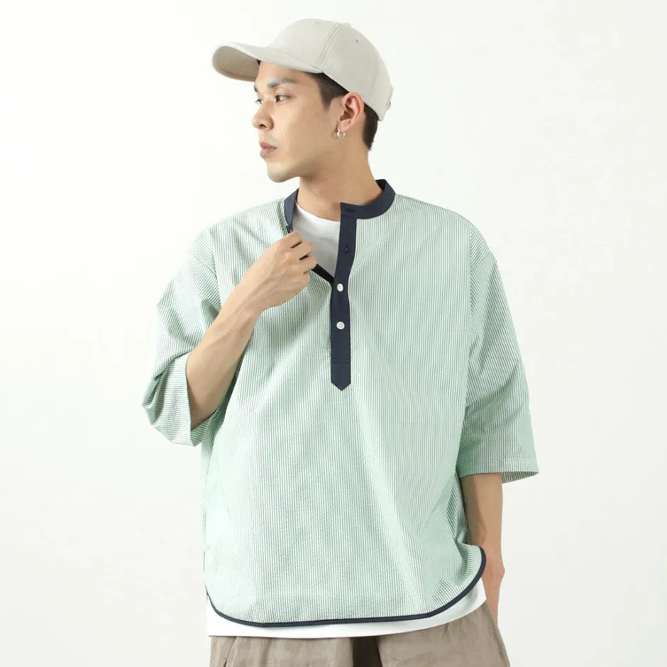 T-Shirts^ROCOCO / Woven seersucker henley neck T-shirt