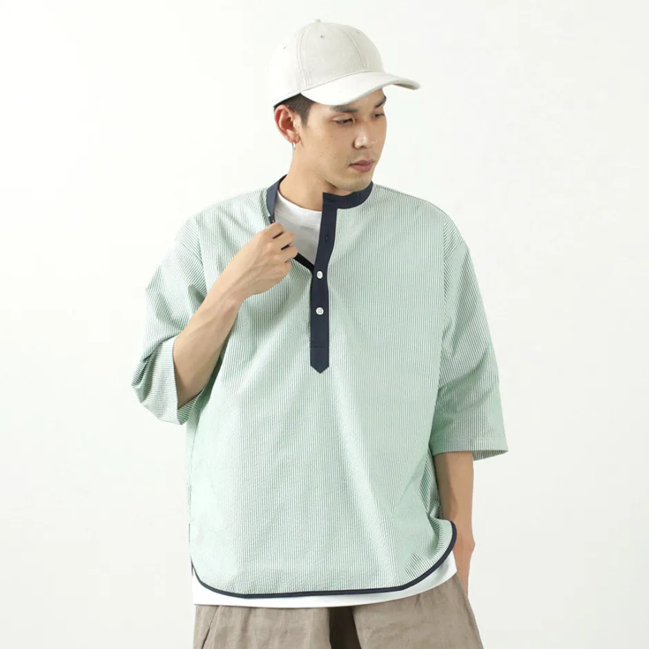 T-Shirts^ROCOCO / Woven seersucker henley neck T-shirt