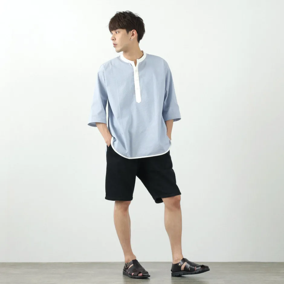 T-Shirts^ROCOCO / Woven seersucker henley neck T-shirt